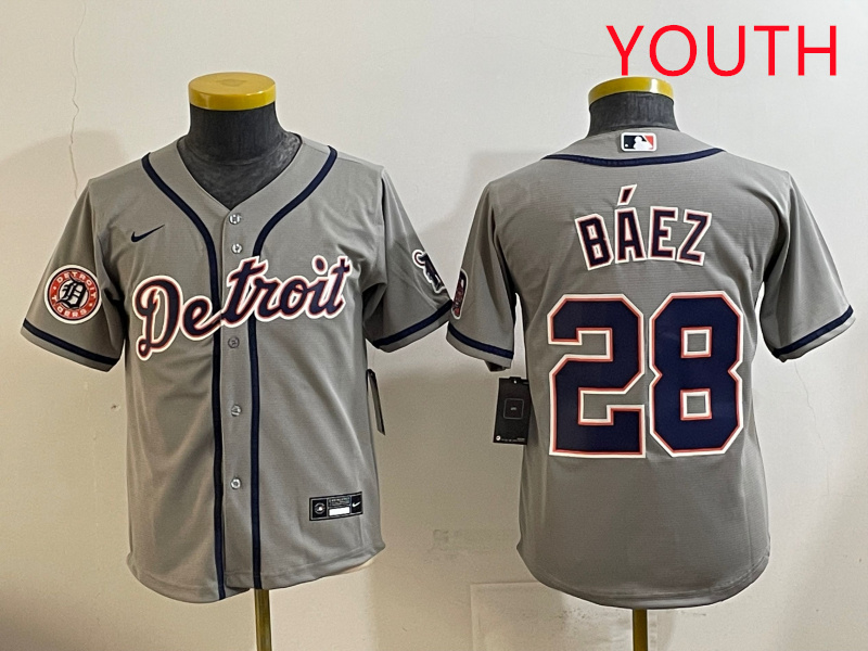 Youth 2025 Detroit Tigers 28 Baez grey Nike MLB jersey